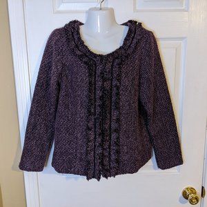Anthropologie Nick & Mo Purple & Black w/Ruffles on Front Tweed Blazer - size LP